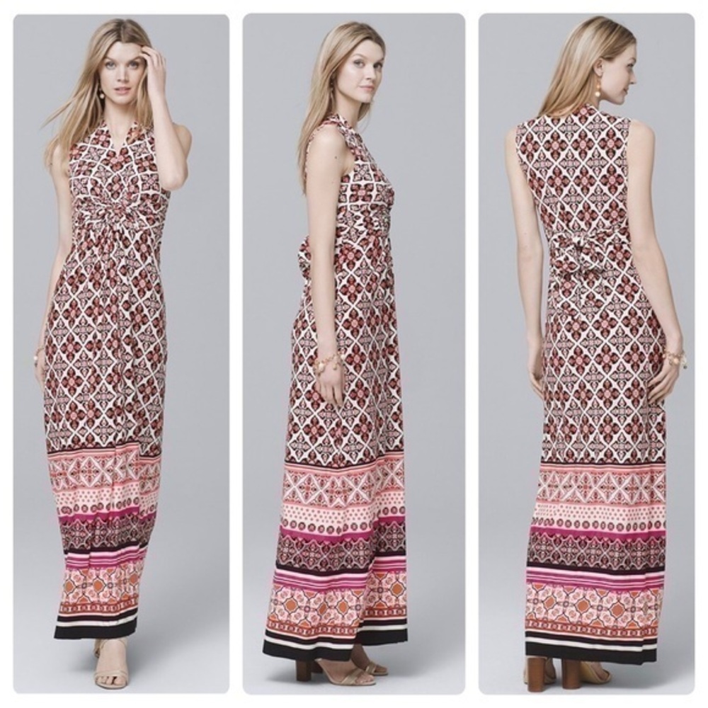 White House Black Market White Cerise Pink Twist-Detail Printed Knit Maxi Dress